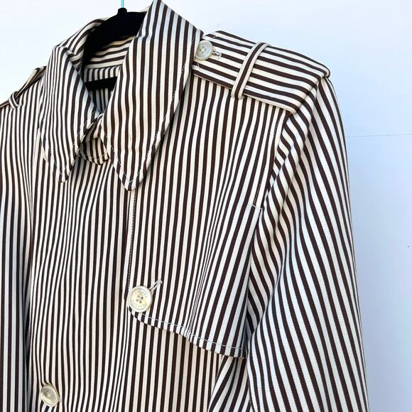 Vintage Ralph Lauren Pinstripe Brown Neutral Belted Trench Coat Large Preppy - Picture 7 of 12